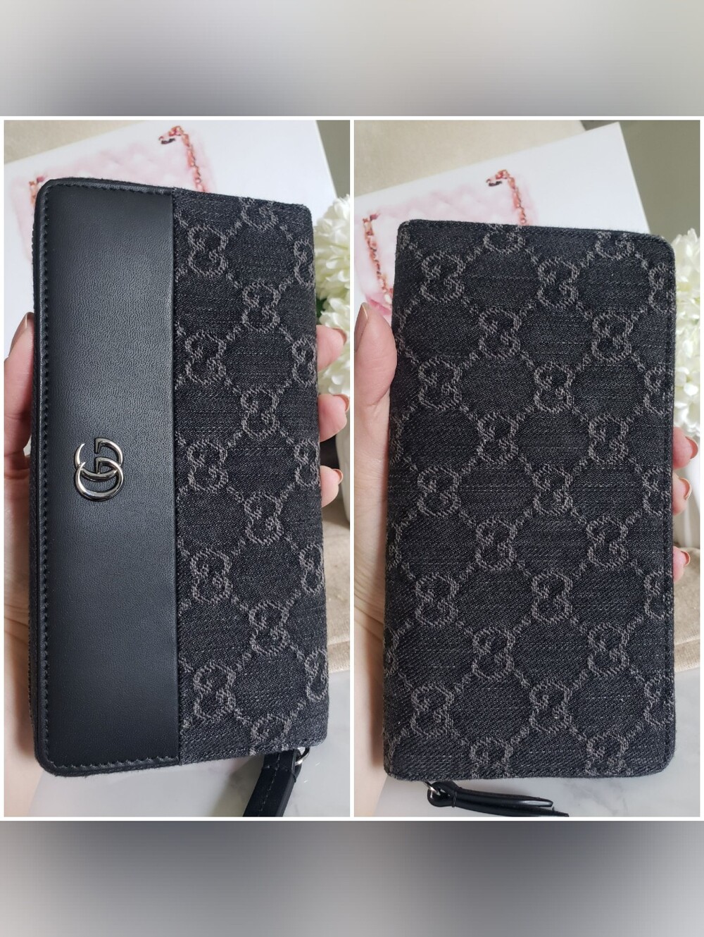 Authentic Pre-owned Gucci Petite Marmont Black Denim & Leather Zip Around Wallet - Picture 6 of 13